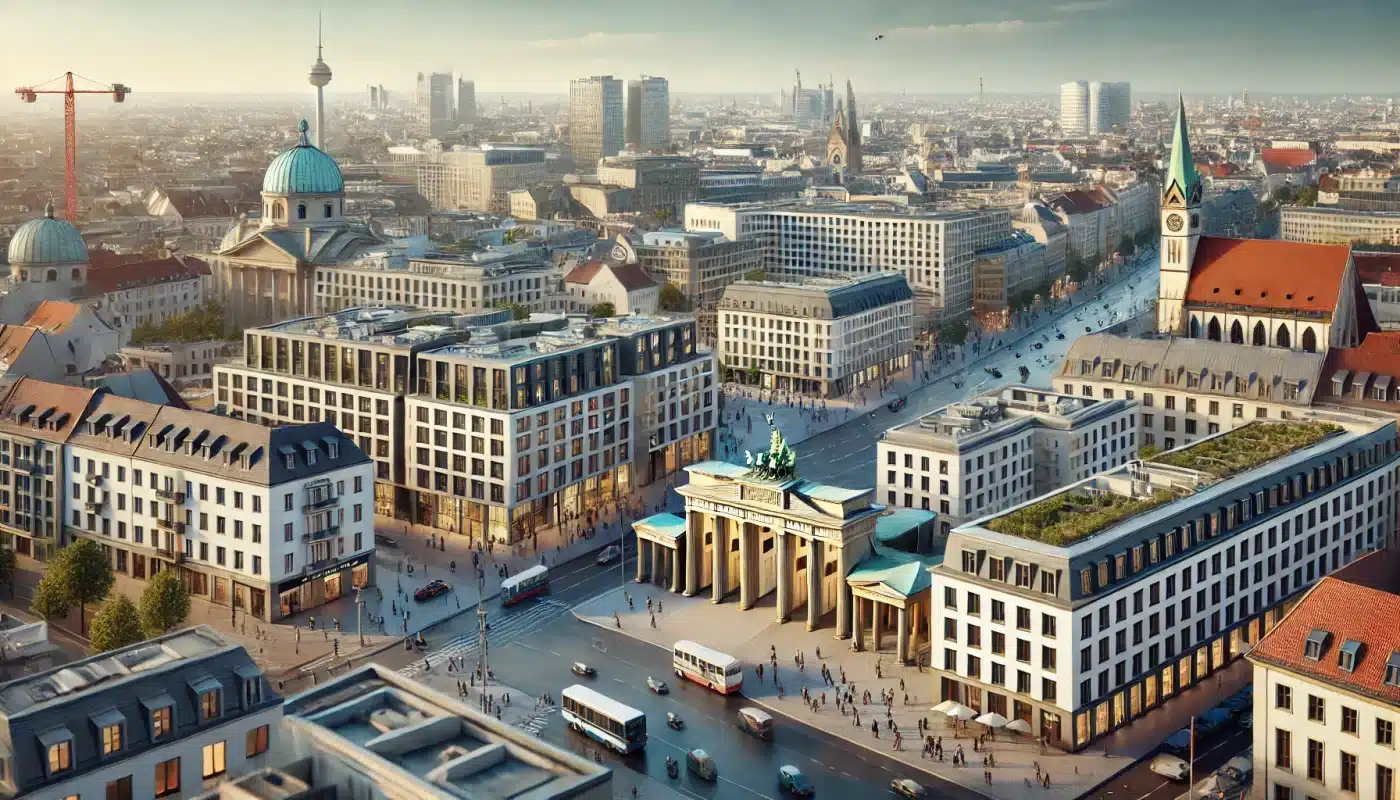 Cảnh quan thành phố Berlin với các tòa nhà hiện đại và các điểm tham quan nổi tiếng